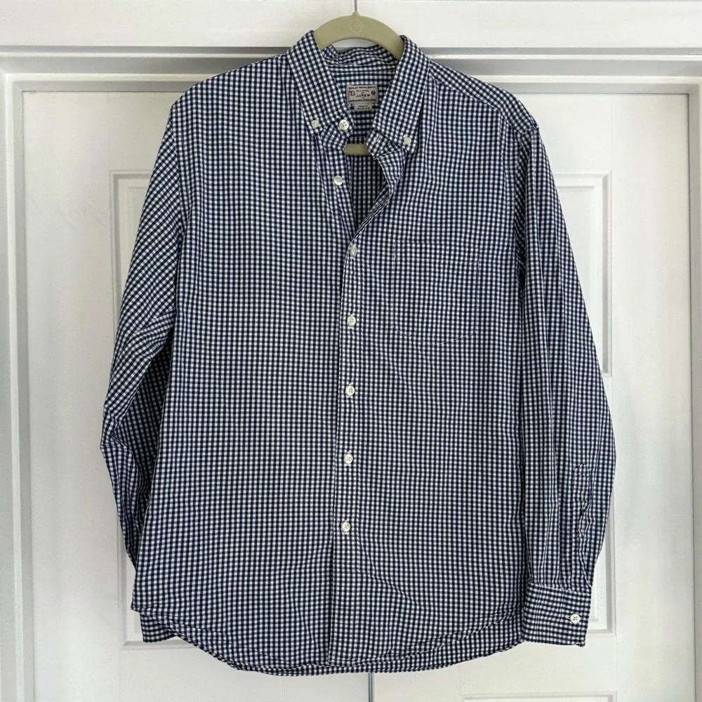 J. Crew Men’s Navy Gingham Cotton Tailored Fit Button Down, Medium